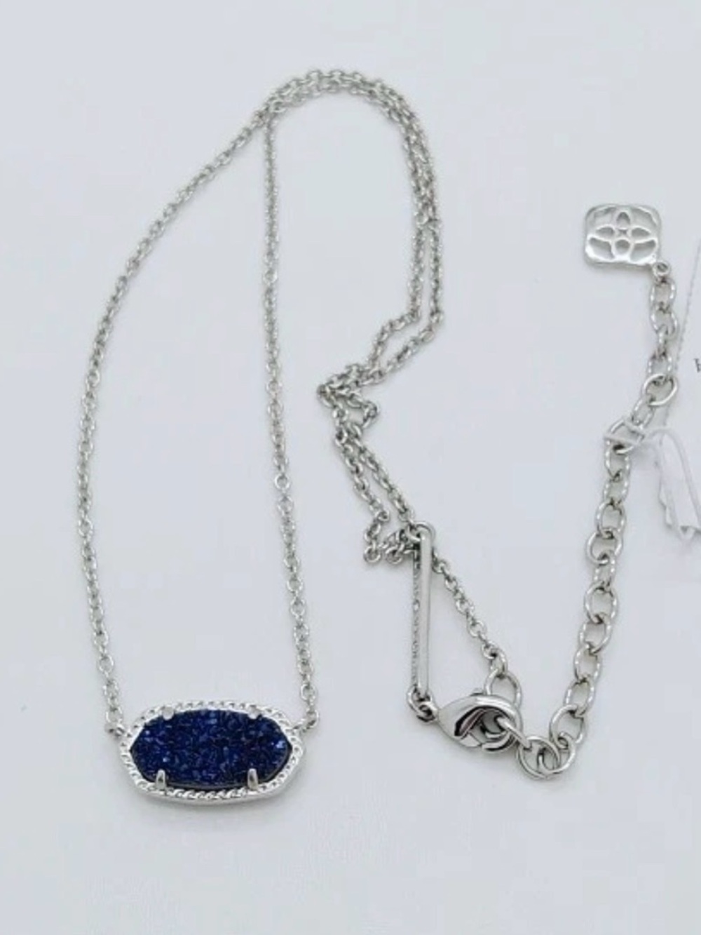 NWOT Kendra Scott Elisa Silver Pendant Necklace In Dark Blue Drusy